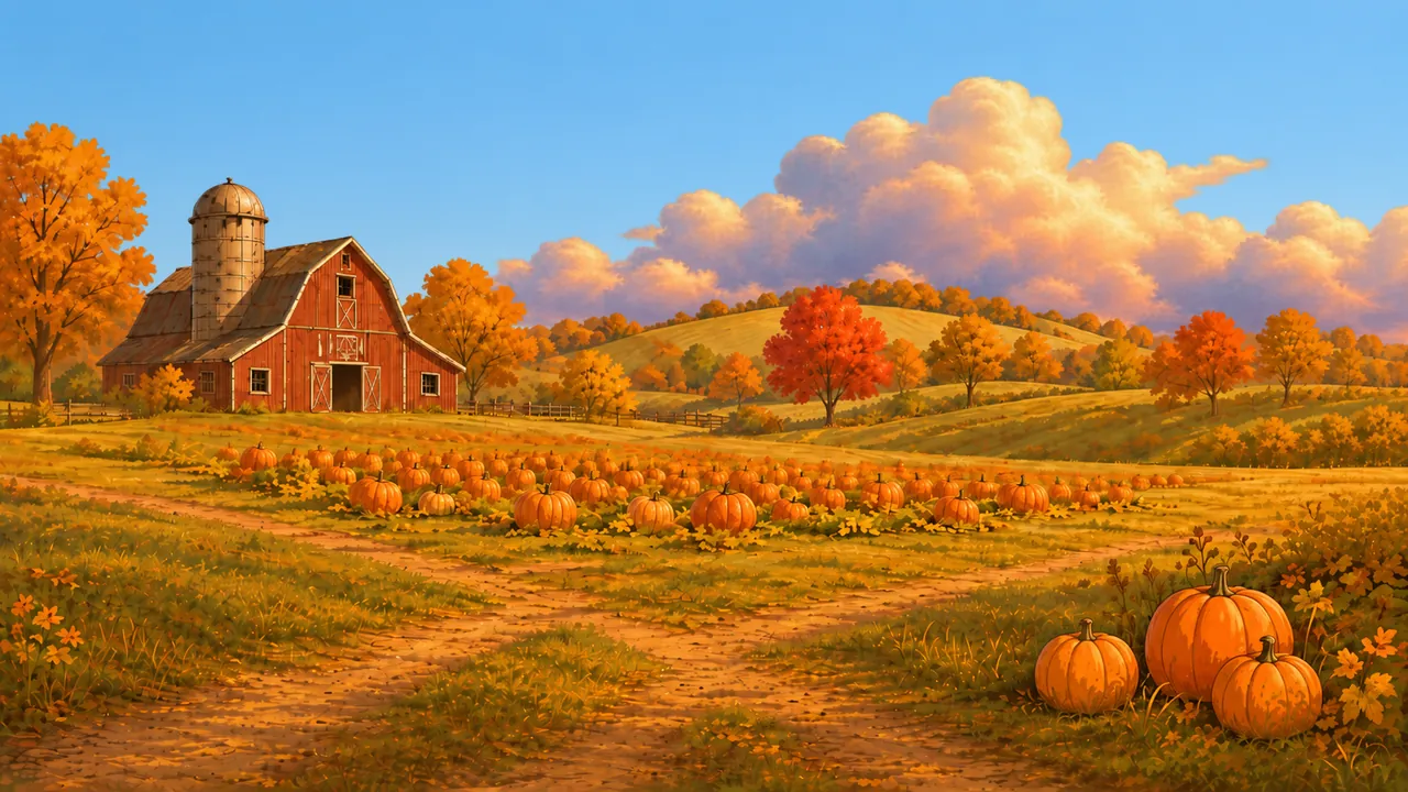 The Pumpkin Farm scene: a red barn and silo, autumn trees and a pumpkin patch under a blue sky.